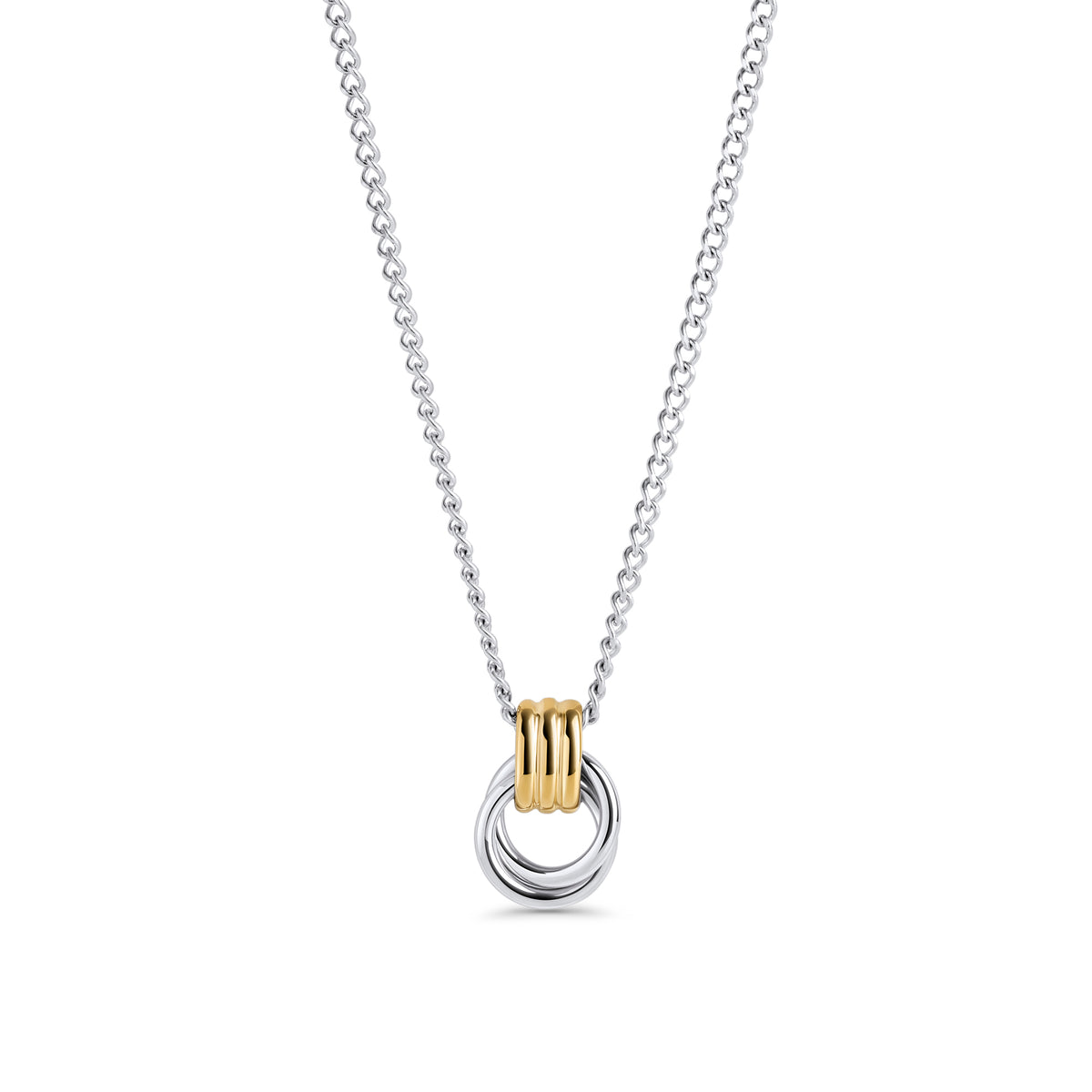 A two-tone chain necklace with a grooved circle pendant, shown on a clean white background. Waterproof, stainless steel and allergy free. By MIAJWL.
Collier à chaîne deux tons avec pendentif cercle rainuré, présenté sur fond blanc épuré. Résistant à l'eau, en acier inoxydable et hypoallergénique. Par MIAJWL.