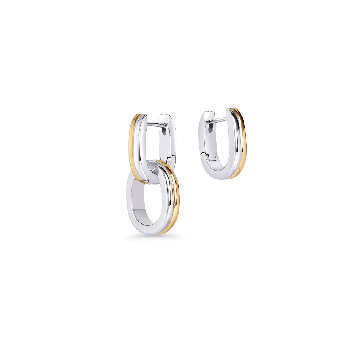 Two-tone drop earrings with two interlocking oval links on a white background. Nickel-free and waterproof jewelry by Mia Bijoux Canada. 2-in-1.
Boucles d'oreilles pendantes deux tons à deux maillons ovales entrelacés sur fond blanc. Bijoux sans nickel et résistants à l'eau par Mia Bijoux Canada. 2 en 1.