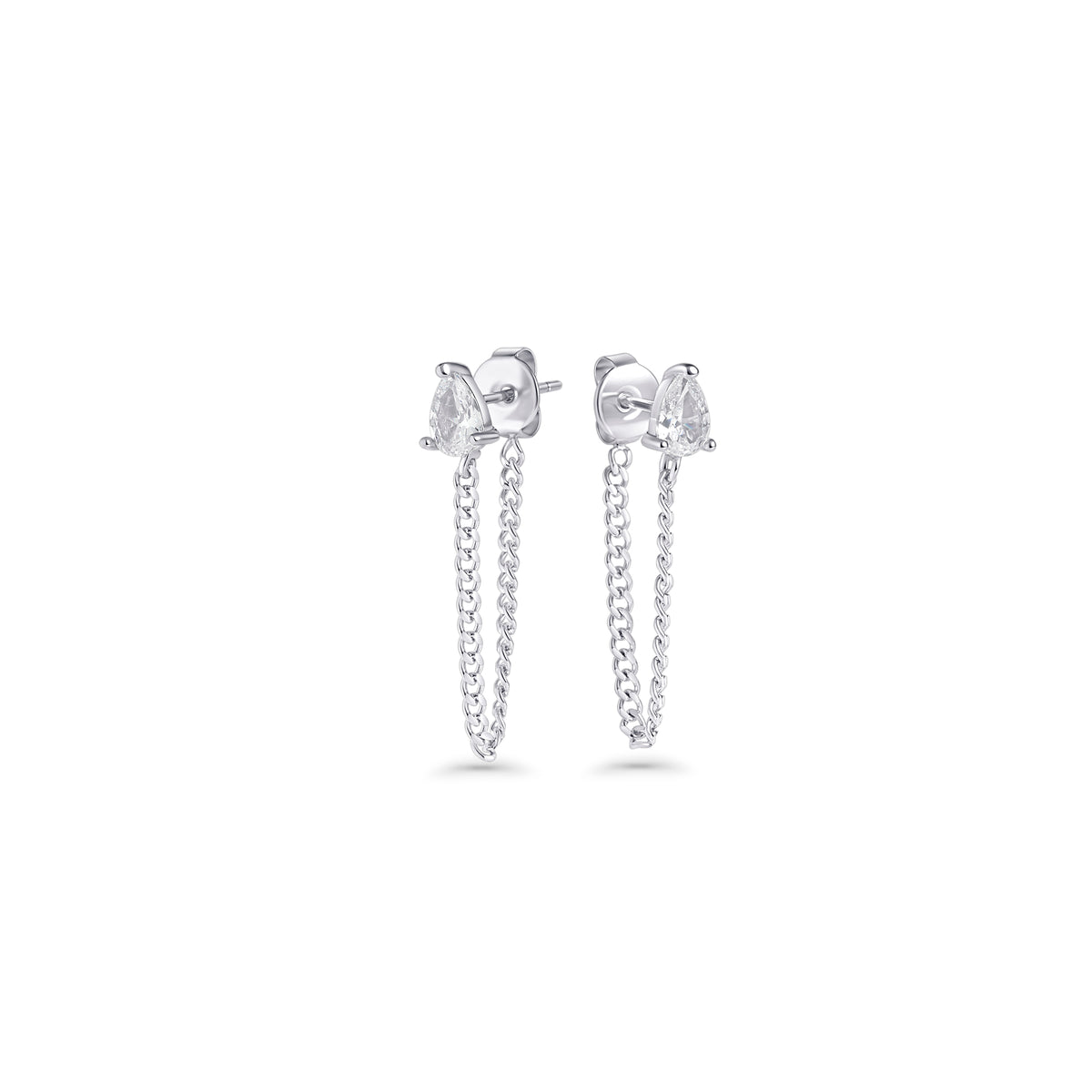 Silver stud earrings set with a pear-cut clear stone and a hanging chain on a white background. Nickel-free and waterproof jewelry by Mia Bijoux Canada.

Boucles d'oreilles argentées serties d'une pierre transparente taille poire avec chaînette suspendue sur fond blanc. Bijoux sans nickel et résistants à l'eau par Mia Bijoux Canada.