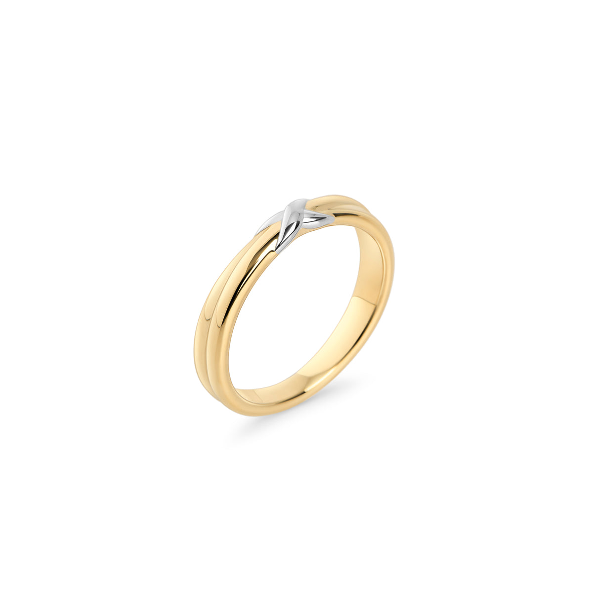 Two-tone stainless steel ring in gold and silver with minimalist crossover design, hypoallergenic non-tarnish durable everyday jewelry Canada.
